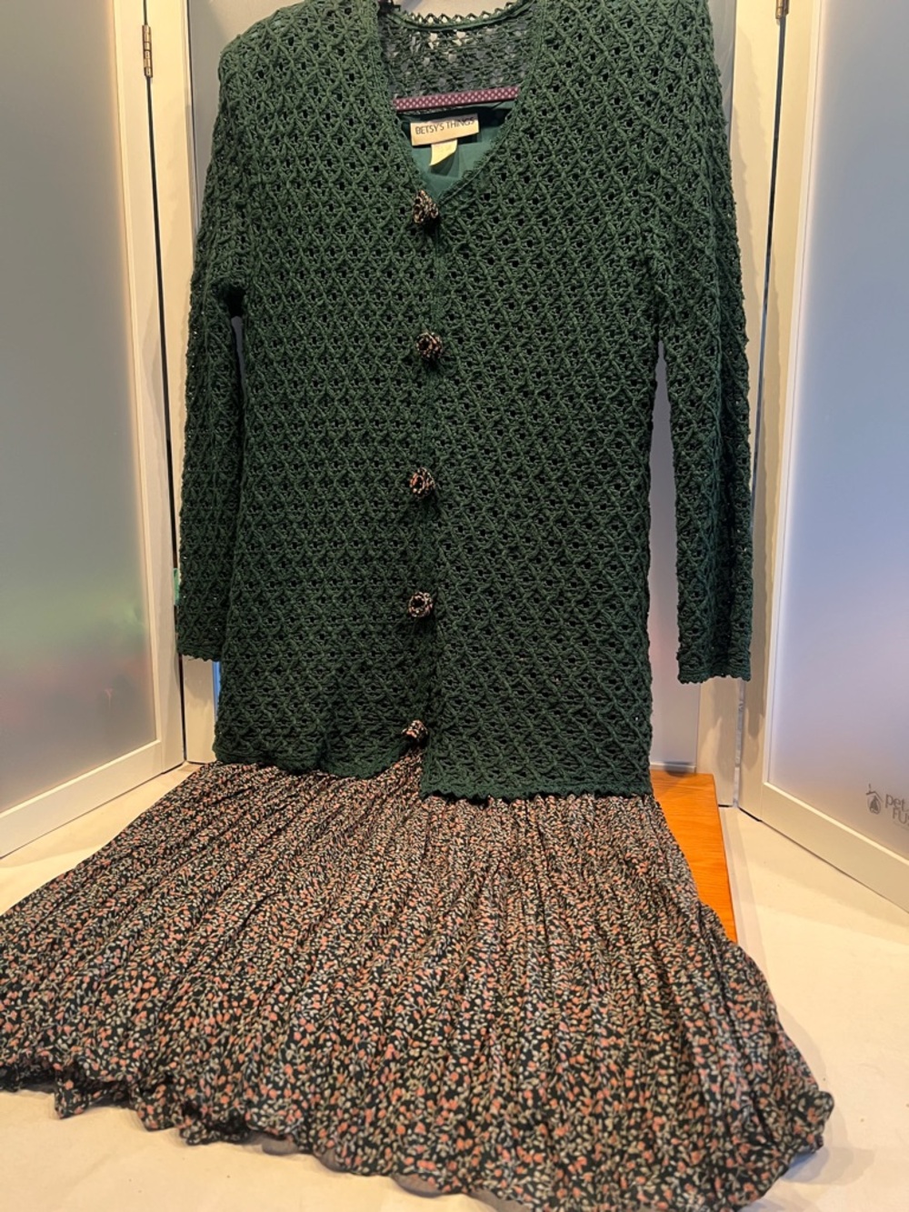 Betsy’s things crochet cardigan over pleated skirt dress cottage core  size 10